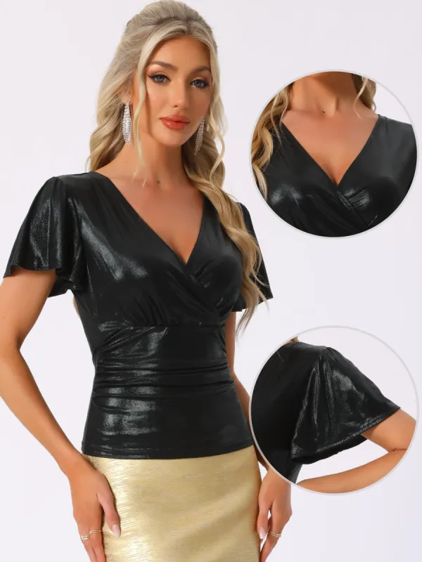 V Neck Ruffle Short Sleeve Shiny Metallic Blouse sold by Allegra K