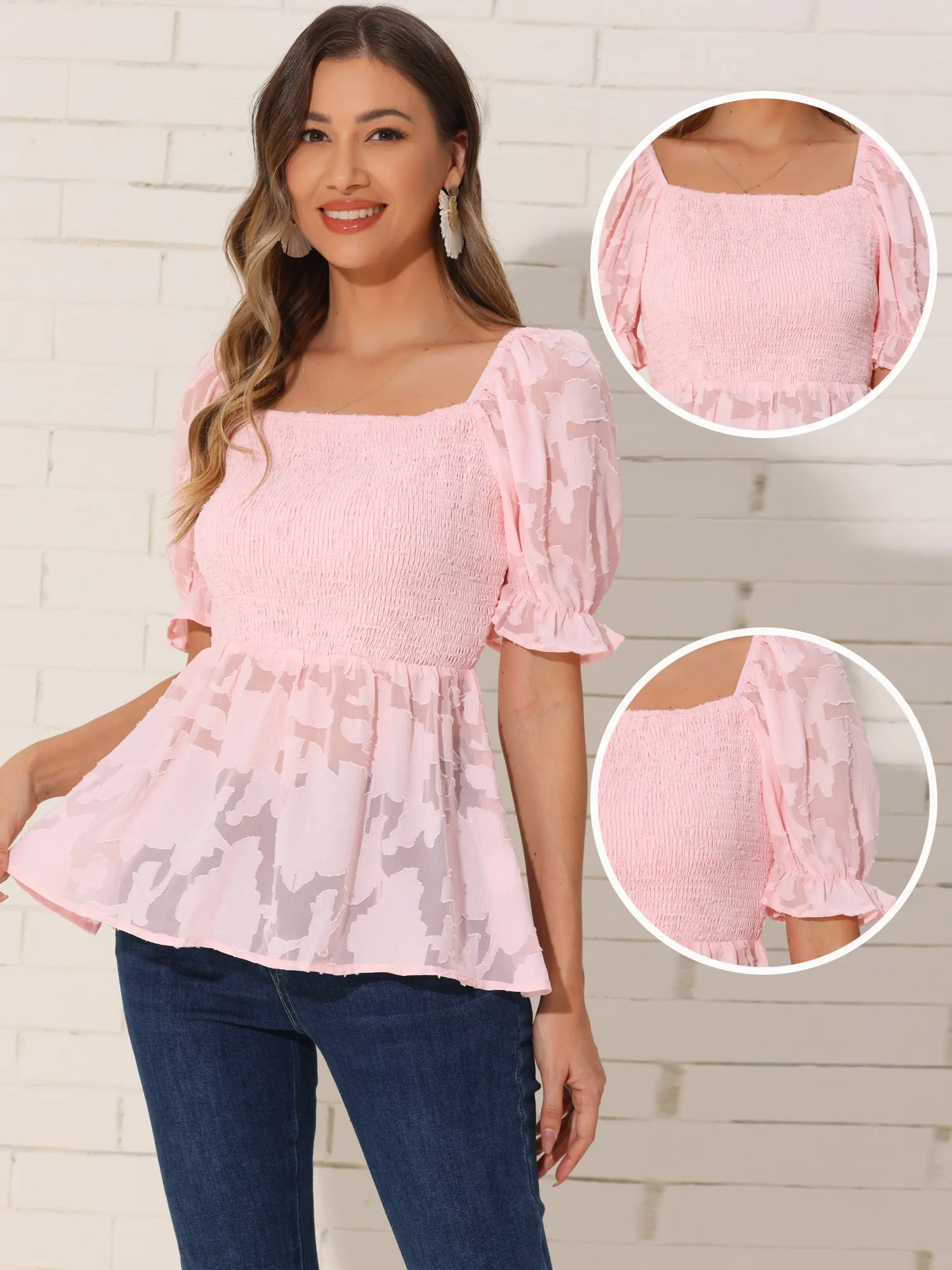 Smocked Square Neck Textured Peplum Blouse sold by Allegra K