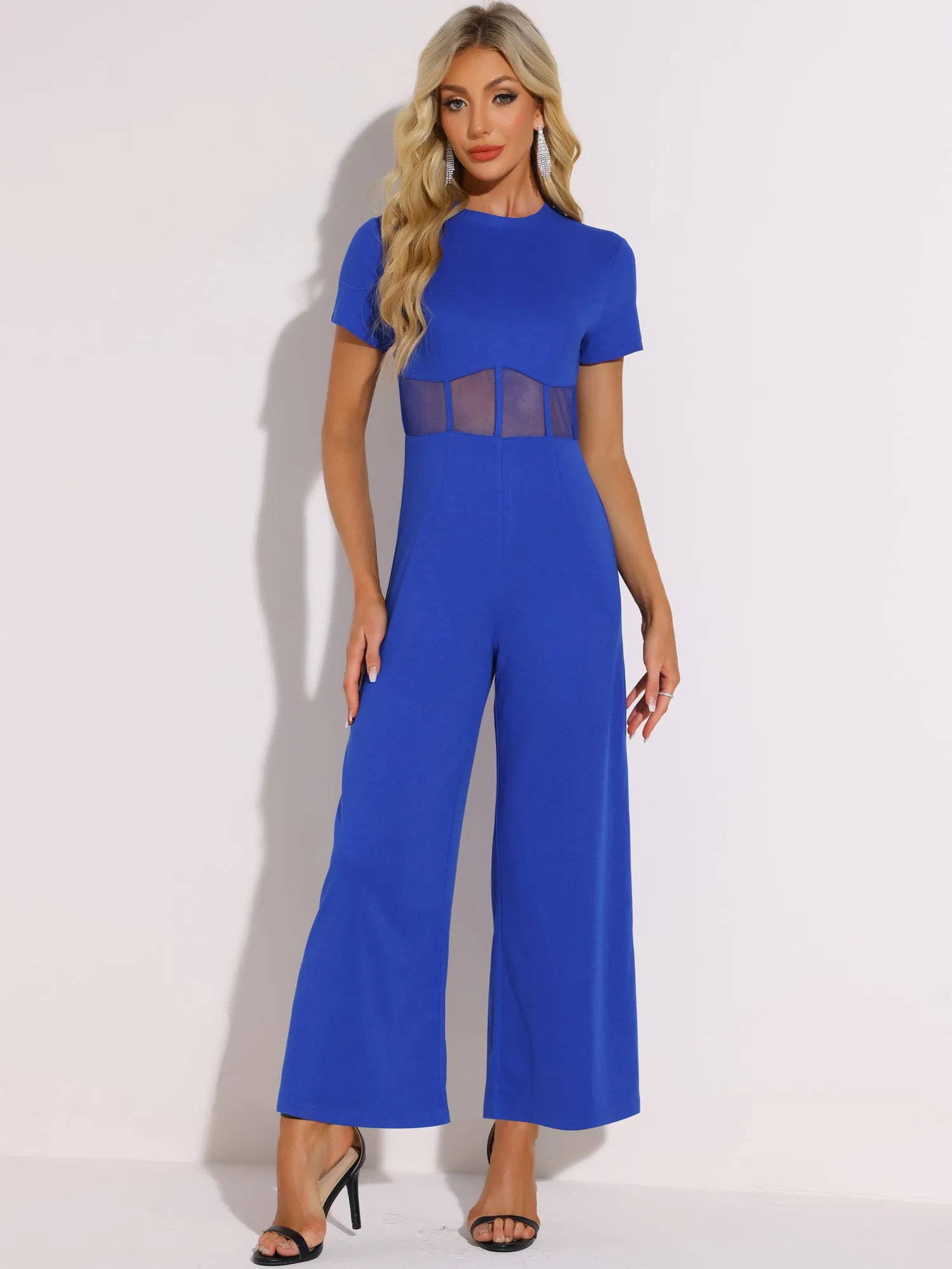 One Piece Crew Neck Mesh Sheer Wide Leg Jumpsuit sold by Allegra K product image thumbnail 3