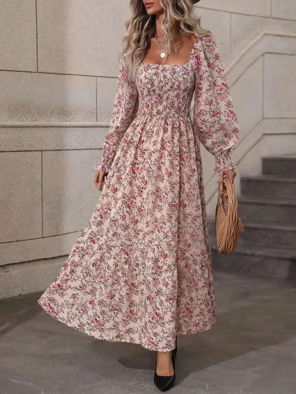 Boho-Chic Floral Long Sleeve Elastic Smocking & Flutter Sleeves Maxi Garden Party Dress sold by Allegra K