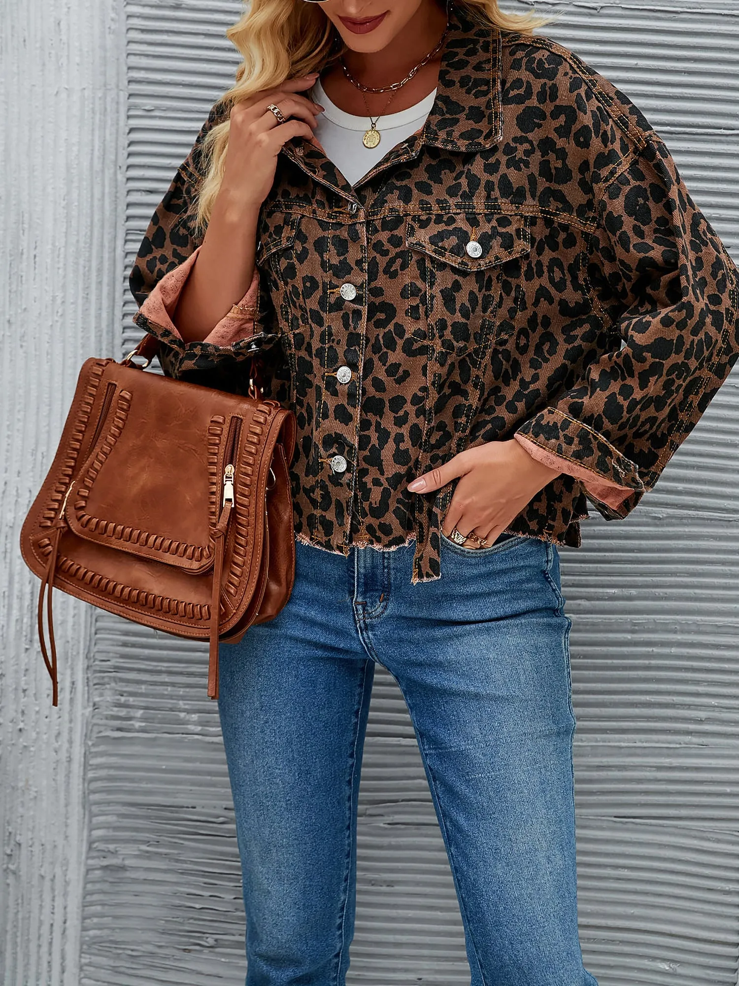 Leopard Print Casual Denim Cropped Jacket sold by Allegra K product image thumbnail 4