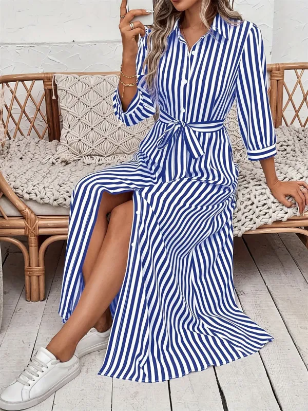 Striped Print Button Down Maxi Shirt Dress sold by Allegra K