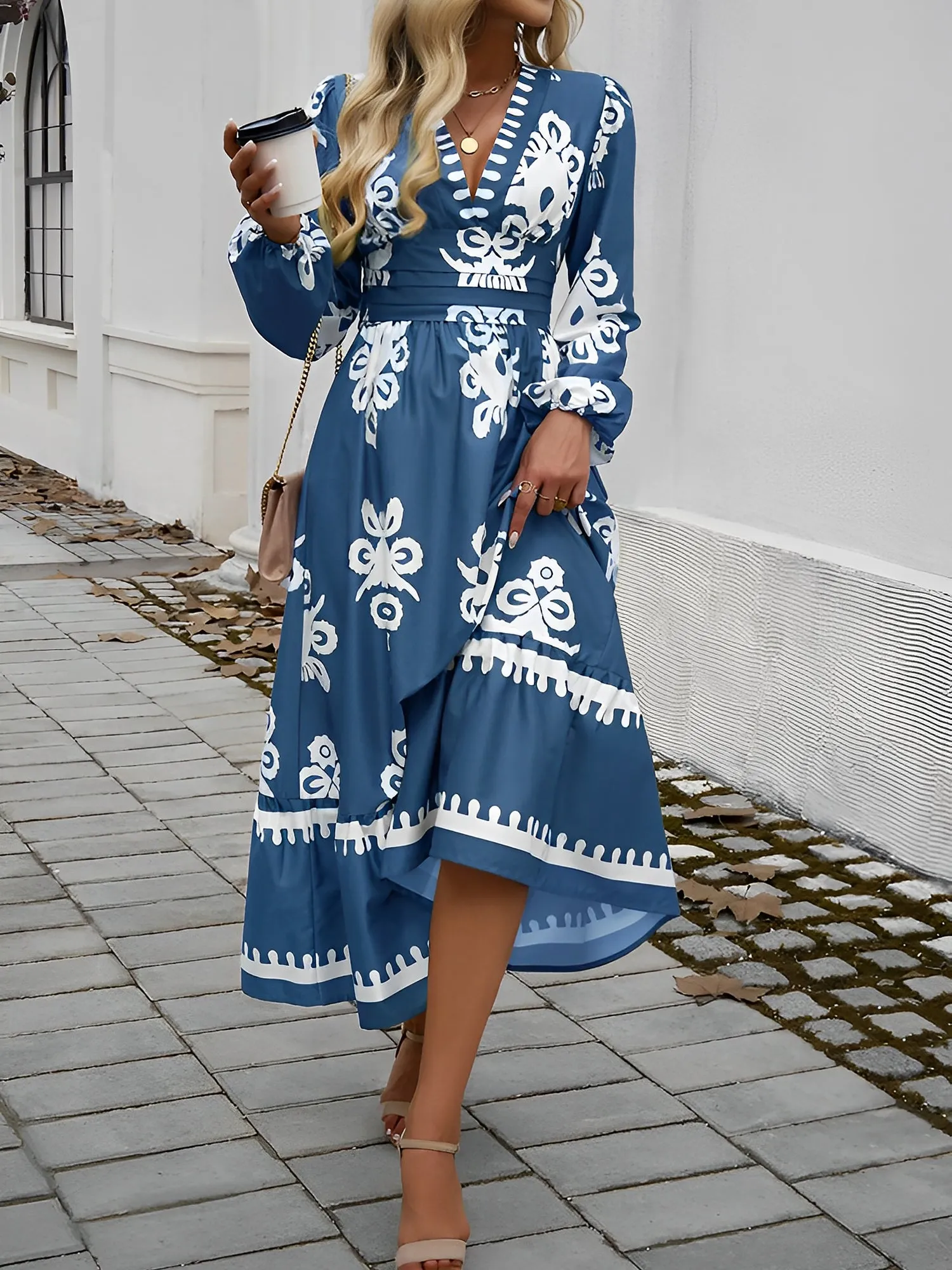 Lantern Lonh Sleeve V Neck Boho Printed Maxi Dress sold by Allegra K product image thumbnail 5