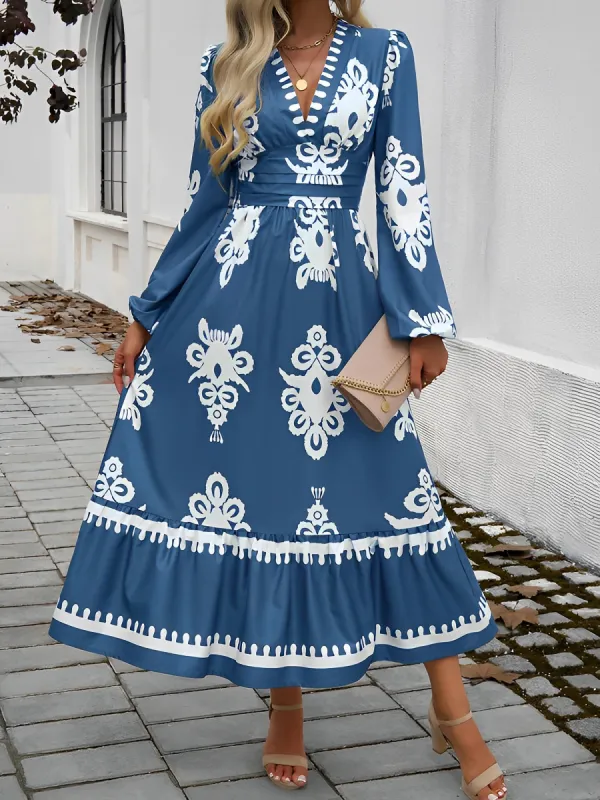 Lantern Lonh Sleeve V Neck Boho Printed Maxi Dress sold by Allegra K