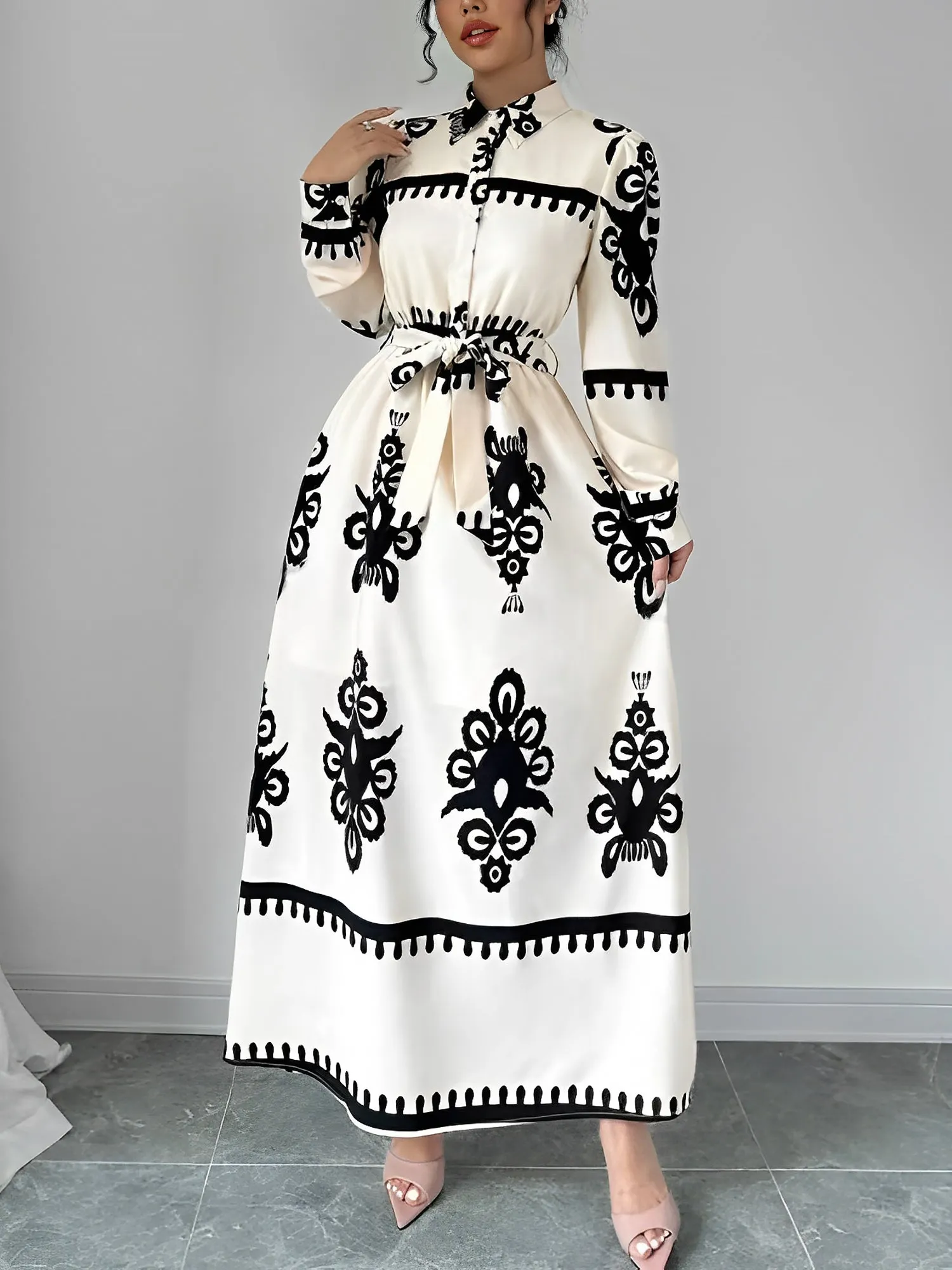 Lantern Long Sleeve Collar Boho Print Maxi Dress sold by Allegra K product image thumbnail 3