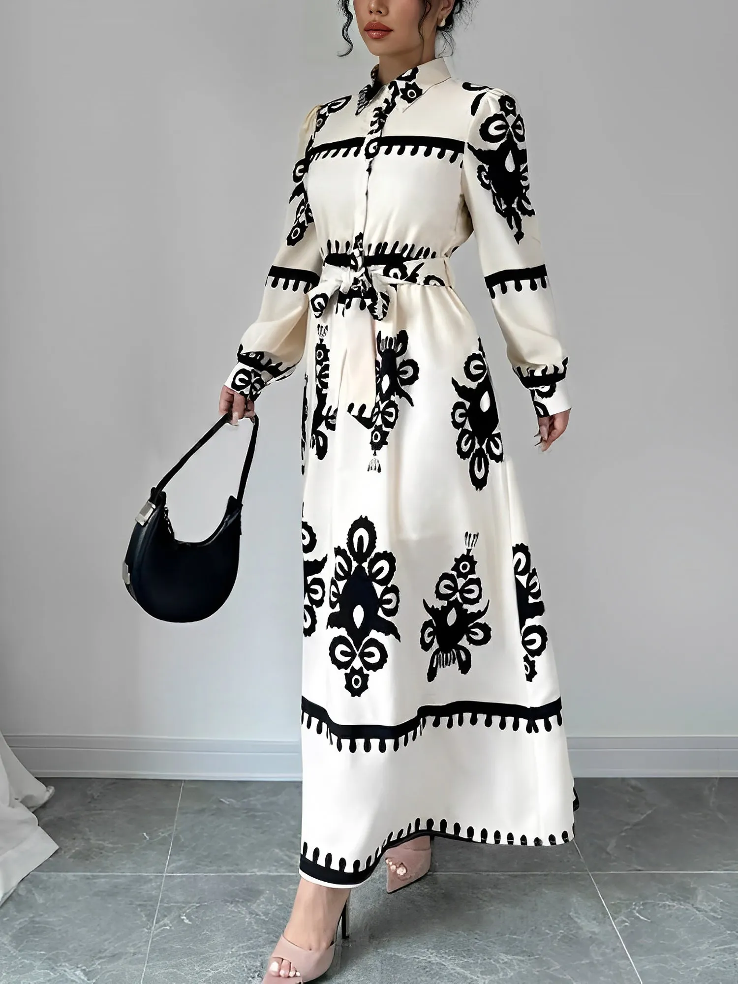 Lantern Long Sleeve Collar Boho Print Maxi Dress sold by Allegra K product image thumbnail 2