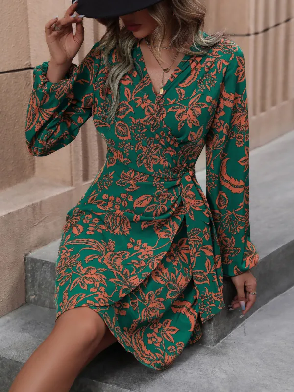Tropical Floral Ruched Midi Long Sleeves Dress sold by Allegra K