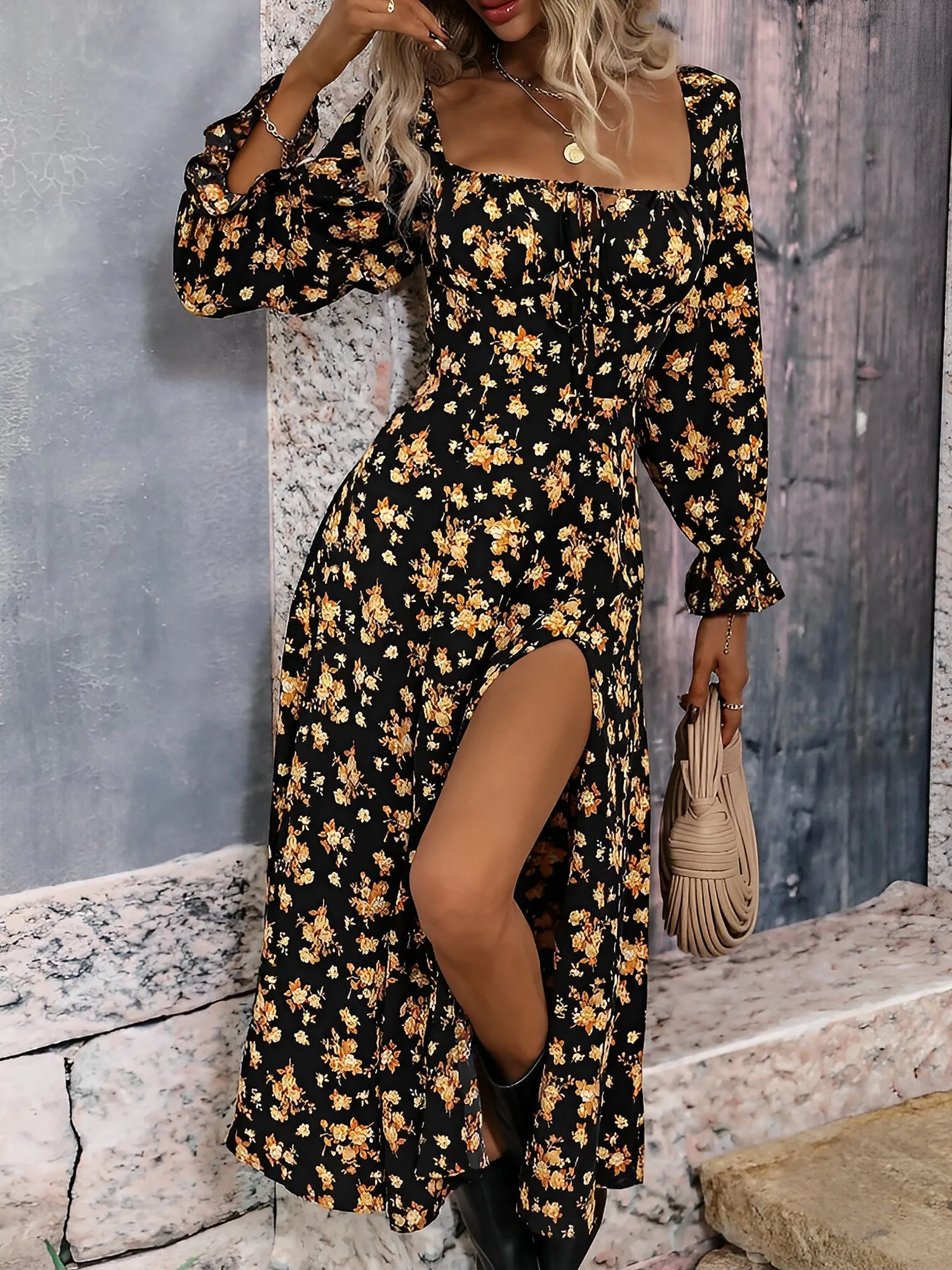 Long Sleeves Lace-Up Floral Slit Midi Dress sold by Allegra K product image thumbnail 5