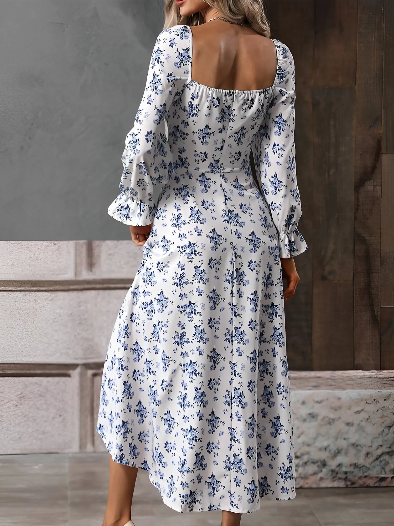 Long Sleeves Lace-Up Floral Slit Midi Dress sold by Allegra K product image thumbnail 3