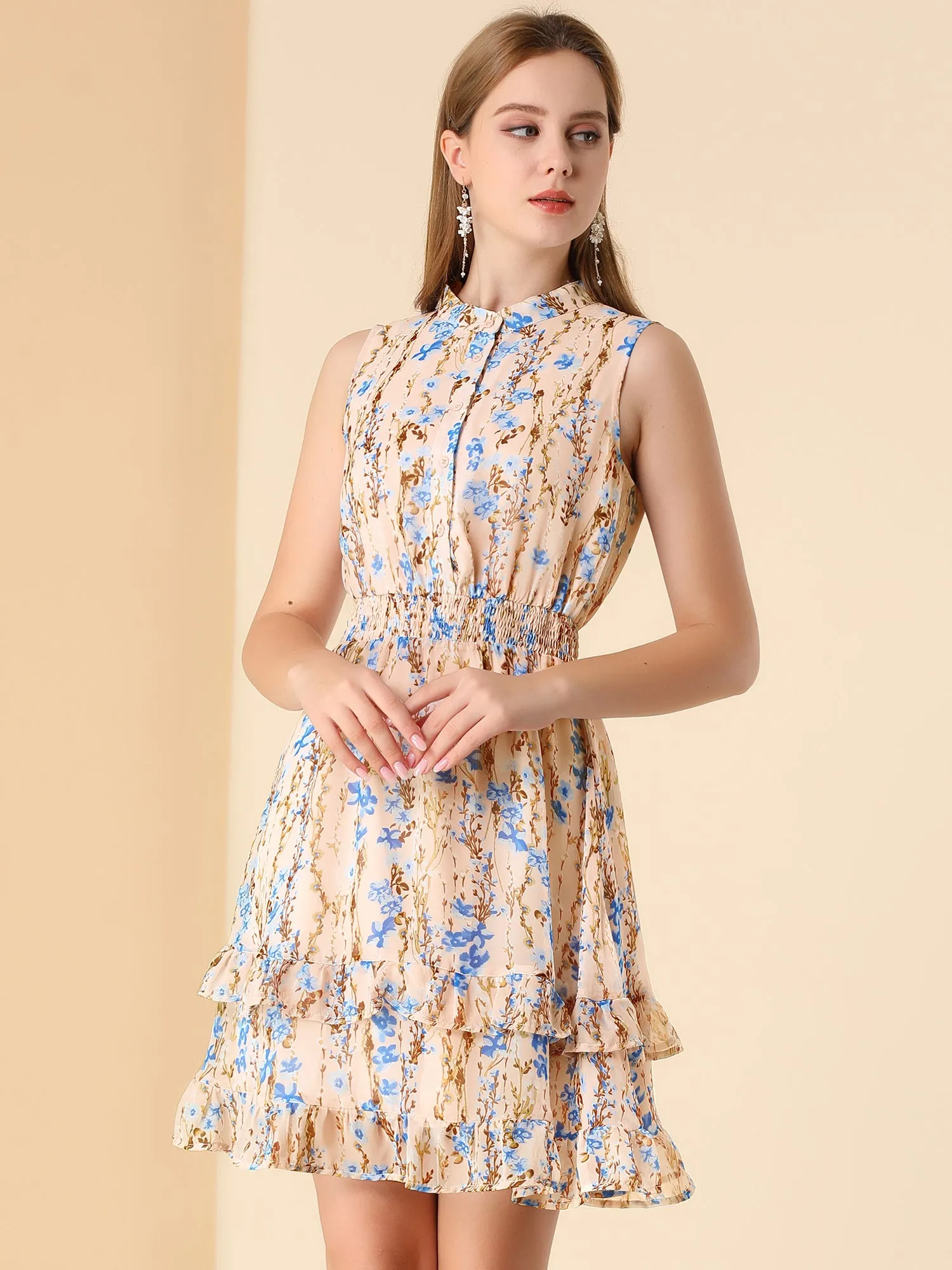 Floral A-line Smocked Waist Tiered Ruffled Chiffon Mini Dress sold by Allegra K product image thumbnail 5