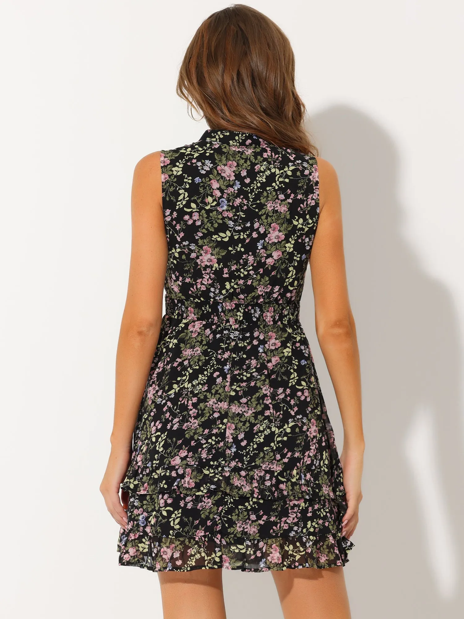 Floral A-line Smocked Waist Tiered Ruffled Chiffon Mini Dress sold by Allegra K product image thumbnail 3