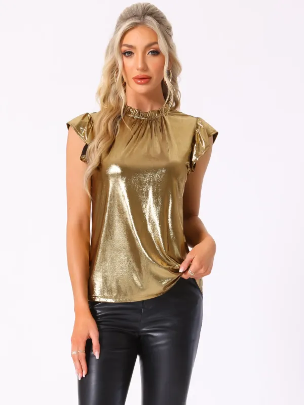 Metallic Cap Sleeve Ruffled Neck Holographic Blouse sold by Allegra K