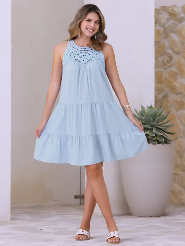 Crochet Patchwork Sleeveless Tiered A-Line Dress sold by Allegra K