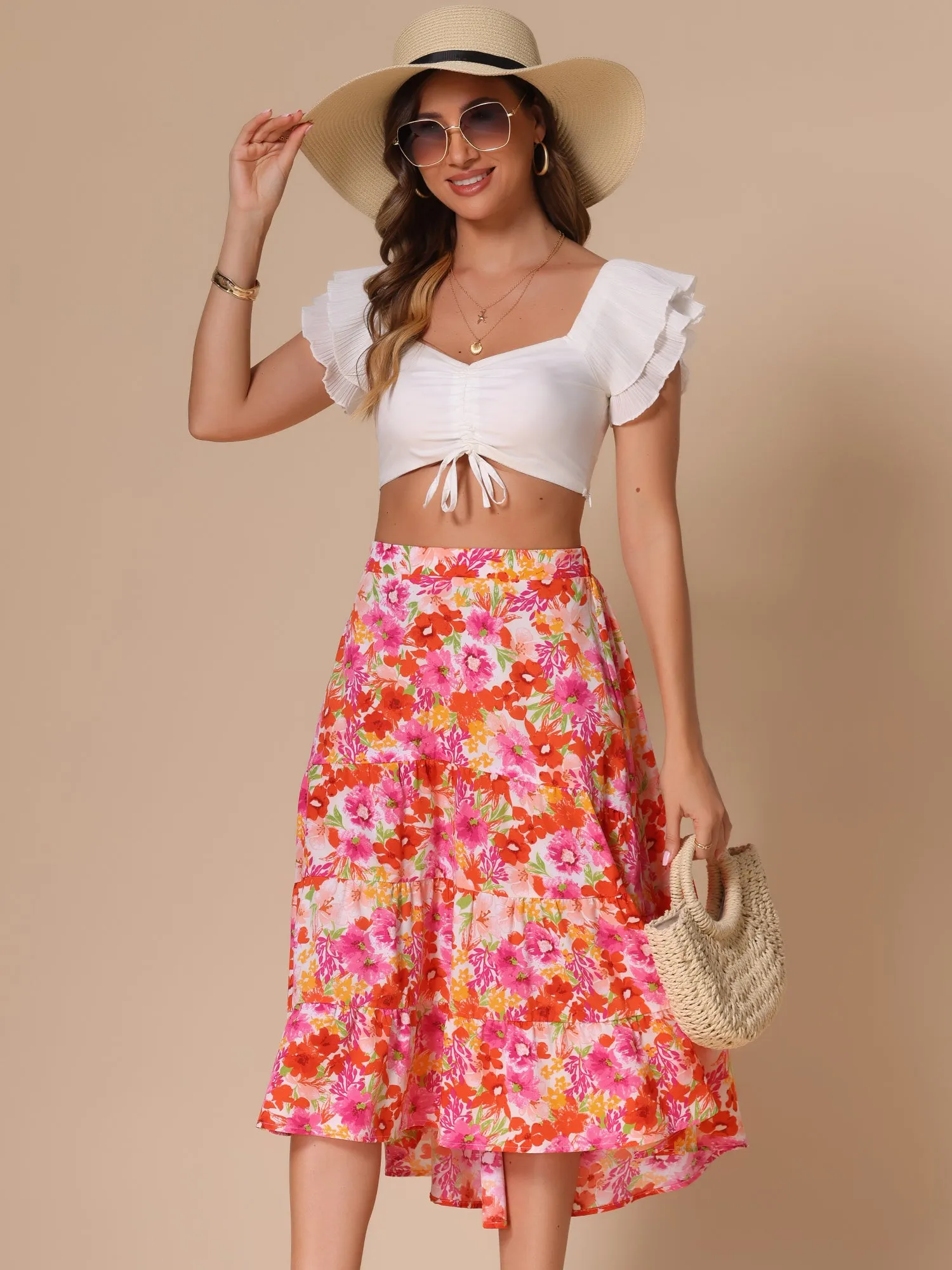 Floral Elastic Waist Irregular Hem Midi Skirt sold by Allegra K