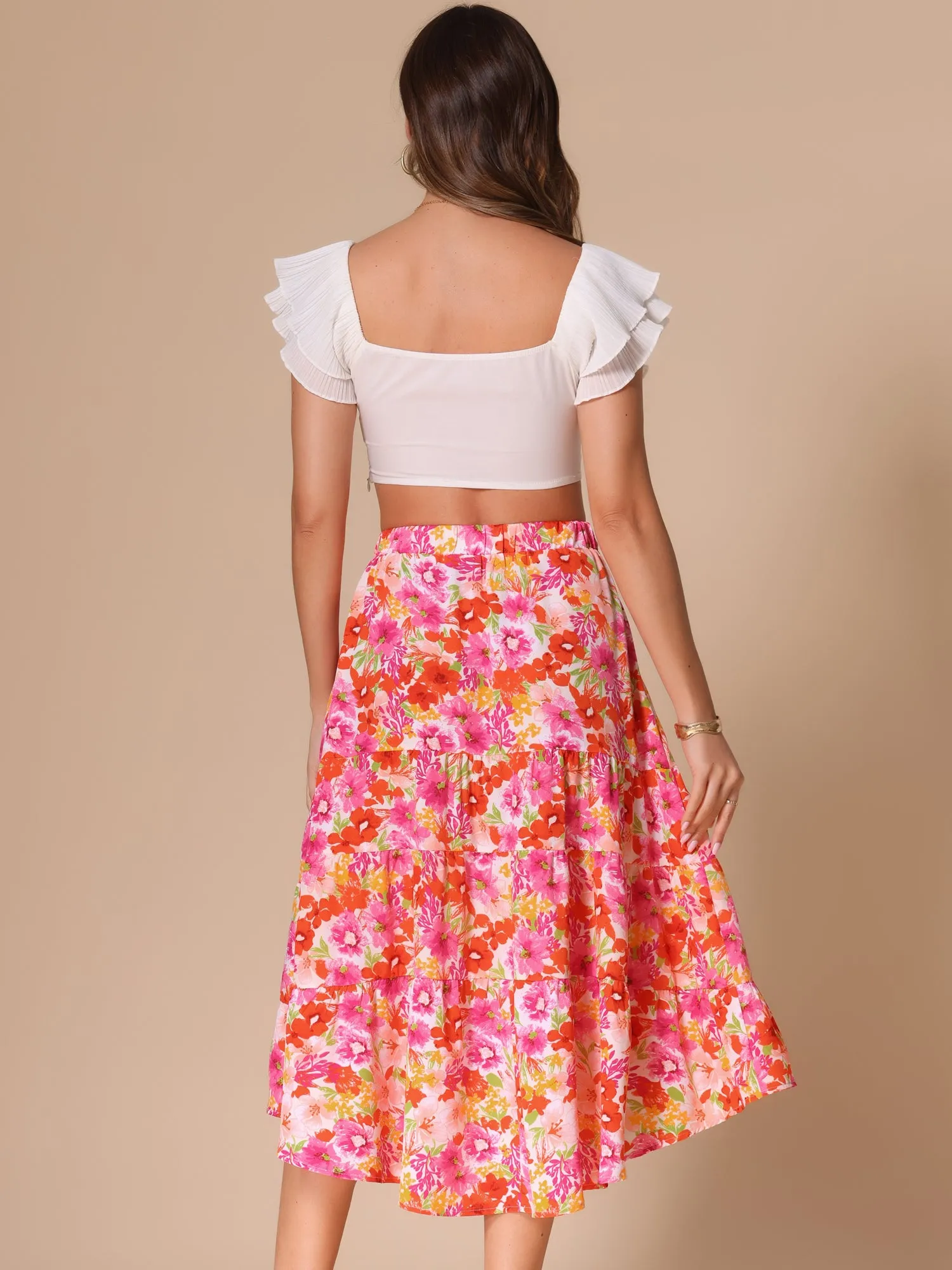 Floral Elastic Waist Irregular Hem Midi Skirt sold by Allegra K product image thumbnail 3