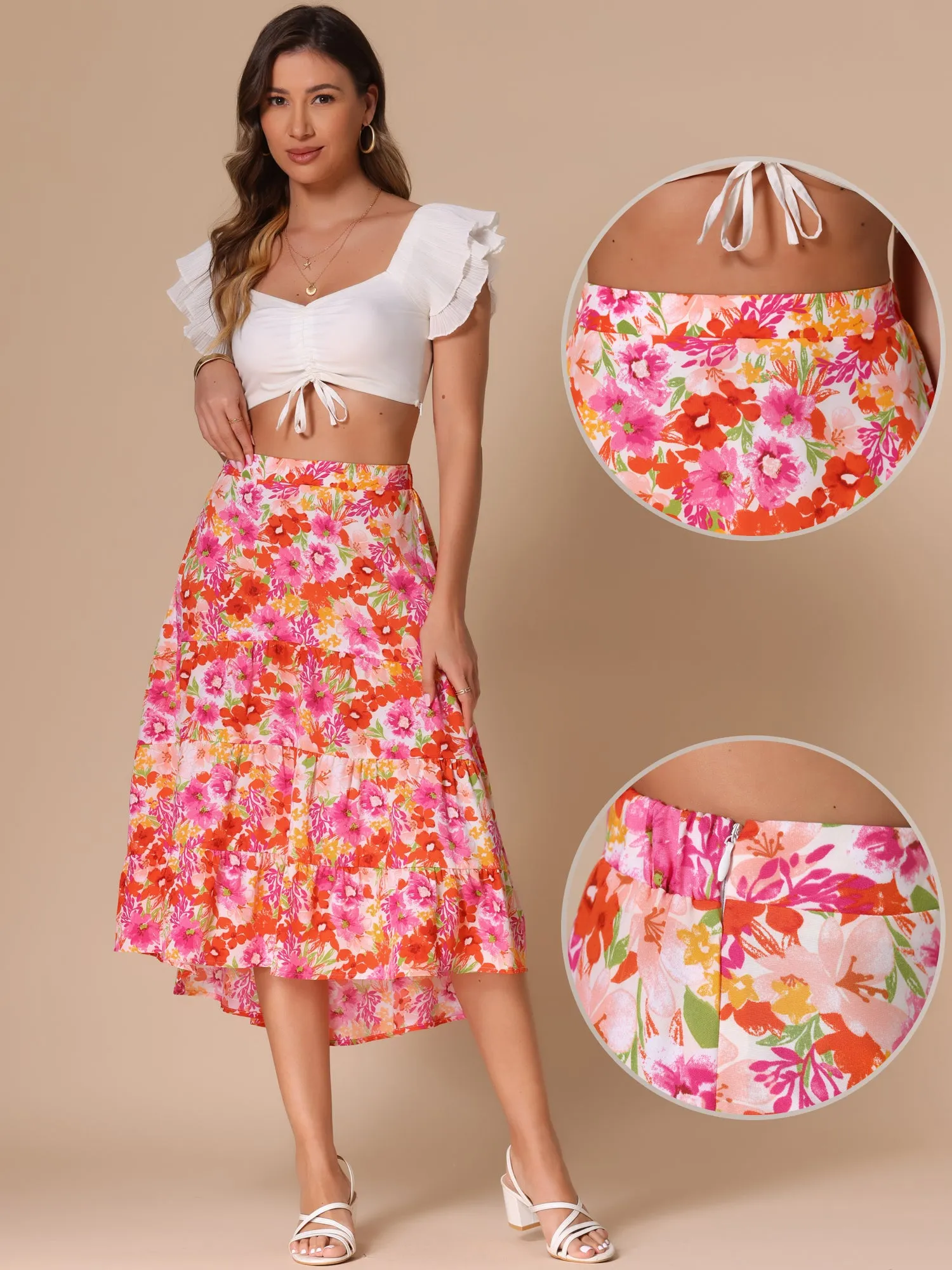 Floral Elastic Waist Irregular Hem Midi Skirt sold by Allegra K product image thumbnail 2
