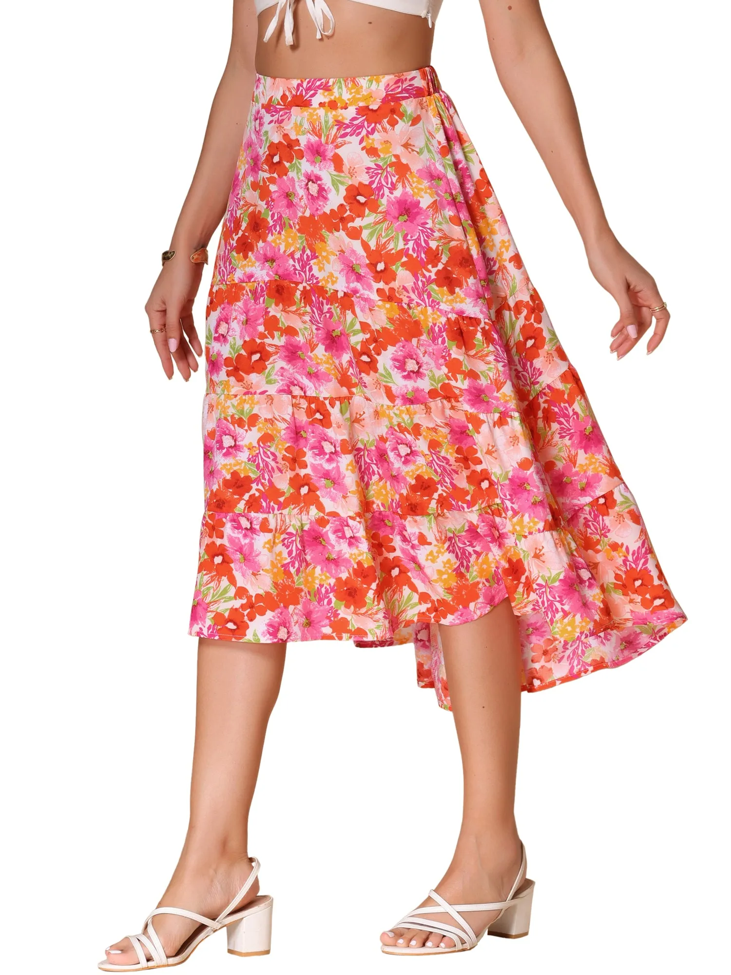 Floral Elastic Waist Irregular Hem Midi Skirt sold by Allegra K product image thumbnail 5