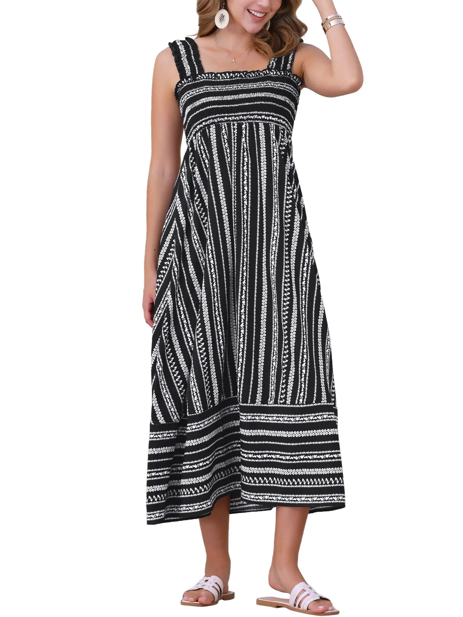 Sleeveless Smocked Printed Vacation Boho Maxi Dress sold by Allegra K product image thumbnail 5