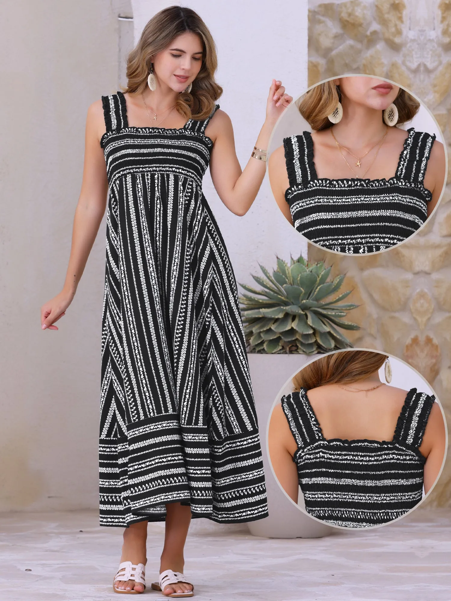 Sleeveless Smocked Printed Vacation Boho Maxi Dress sold by Allegra K product image thumbnail 2