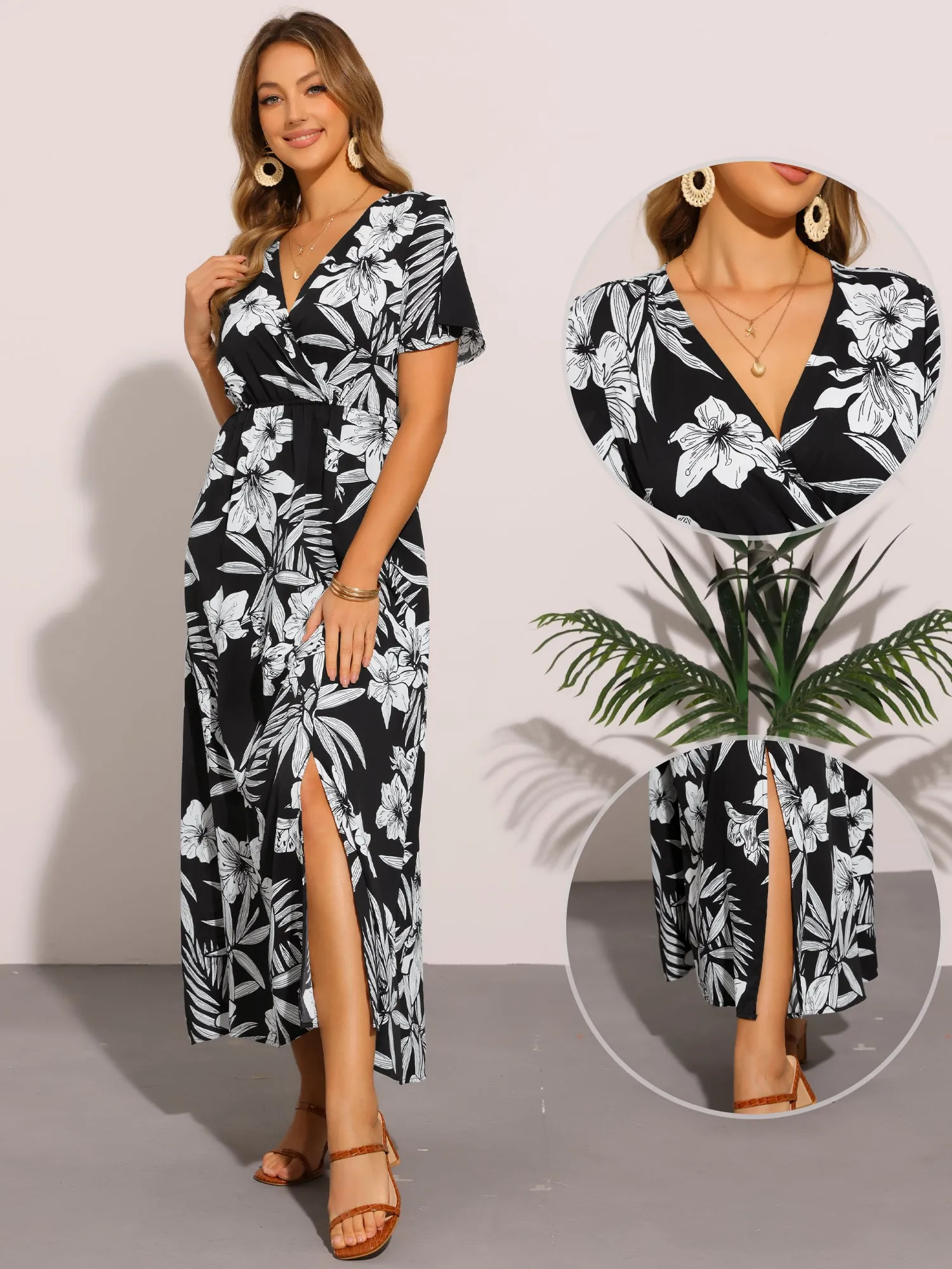 Floral Casual Flutter Short Sleeve Slit Maxi Dress sold by Allegra K