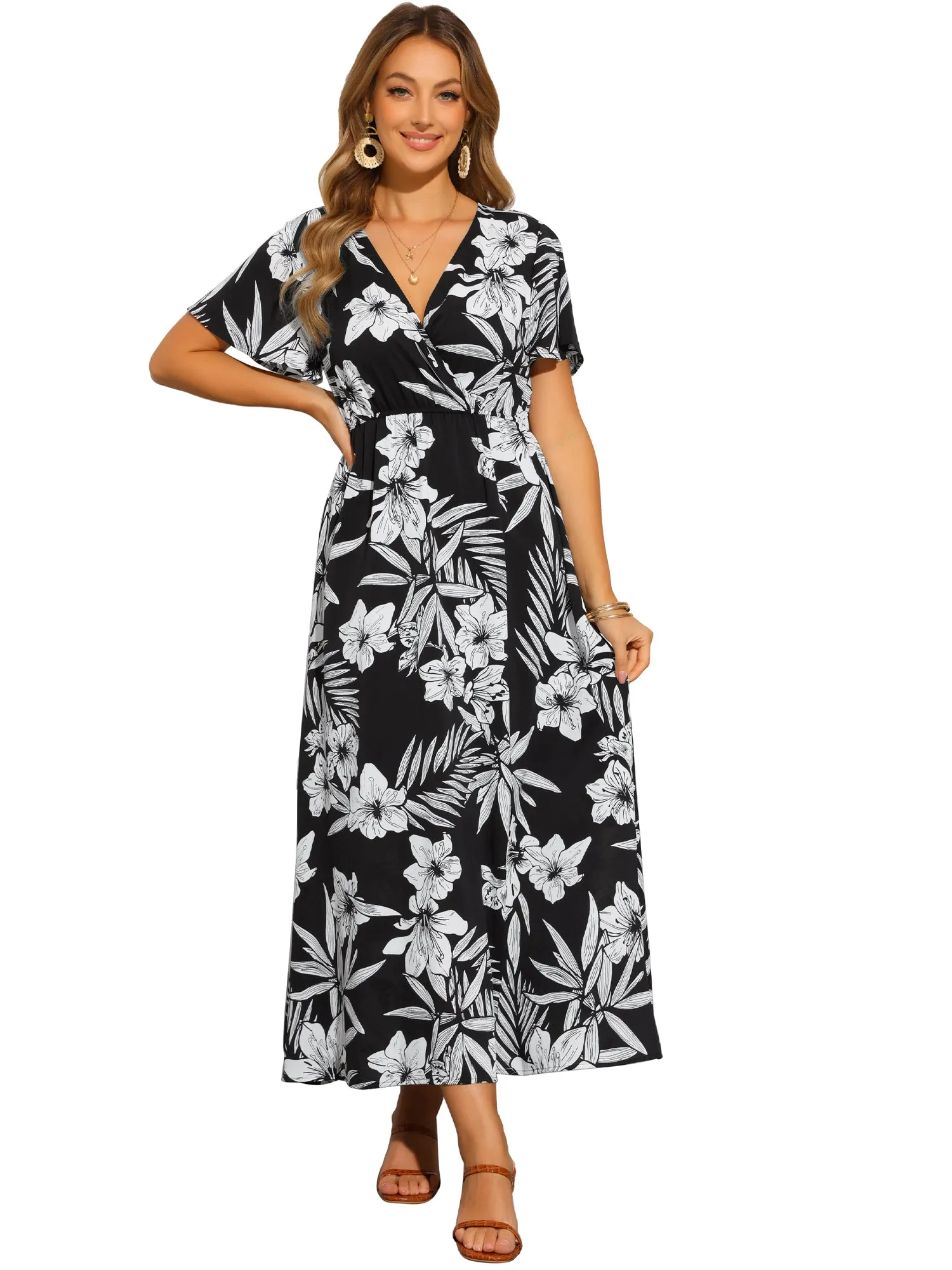 Floral Casual Flutter Short Sleeve Slit Maxi Dress sold by Allegra K product image thumbnail 5