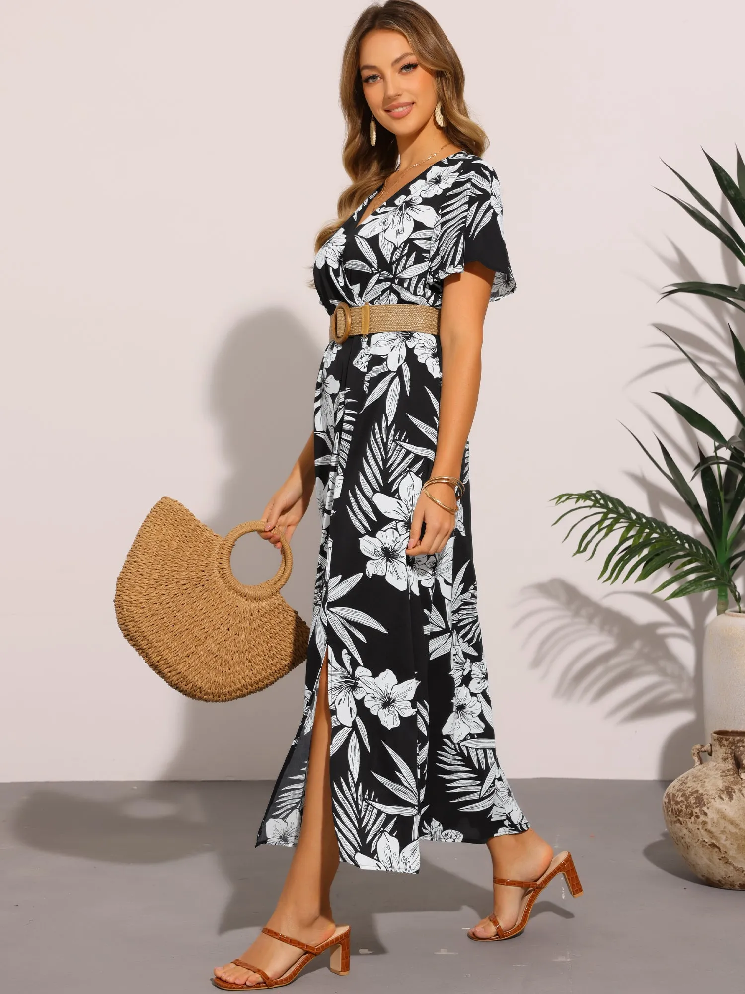 Floral Casual Flutter Short Sleeve Slit Maxi Dress sold by Allegra K product image thumbnail 3