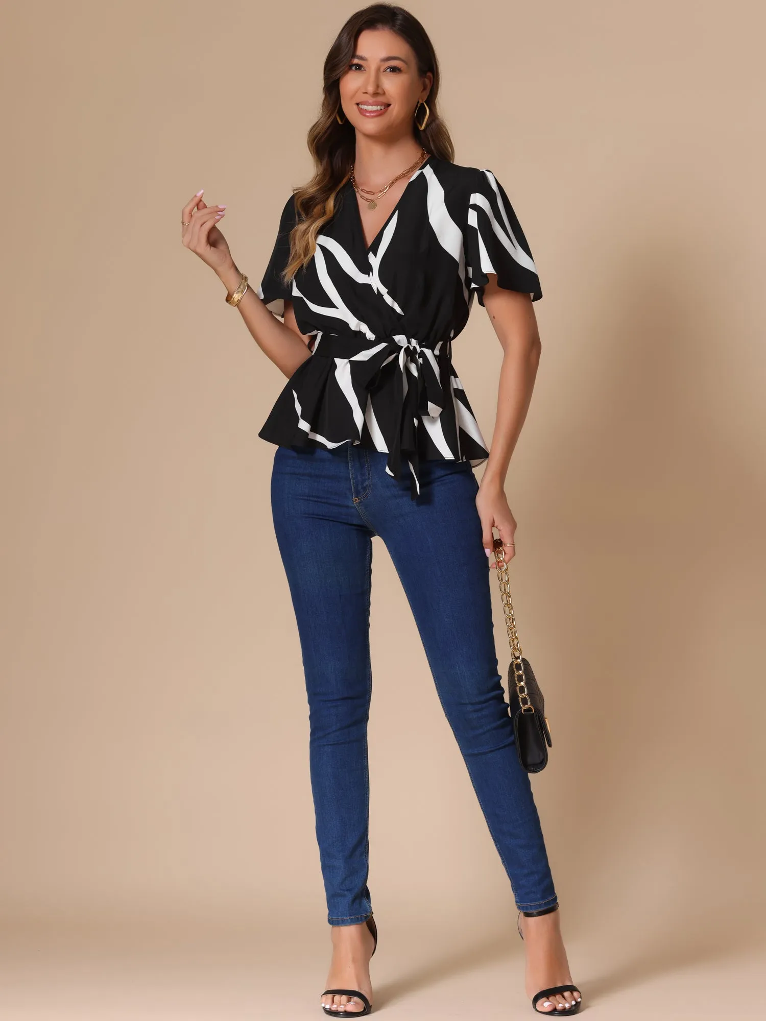 Printed V Neck Elastic Waist Belt Ruffle Peplum Blouse sold by Allegra K product image thumbnail 3