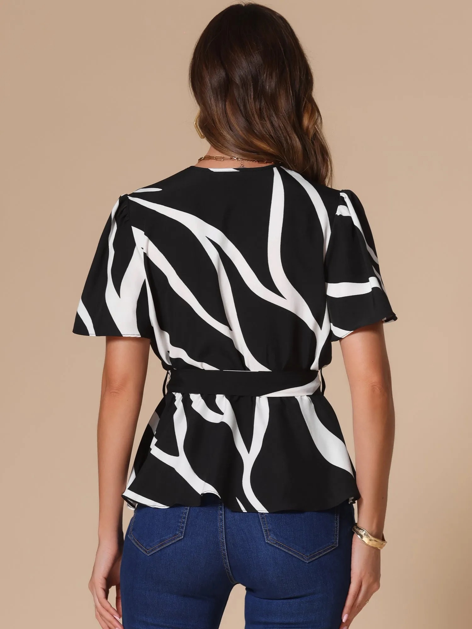 Printed V Neck Elastic Waist Belt Ruffle Peplum Blouse sold by Allegra K product image thumbnail 2