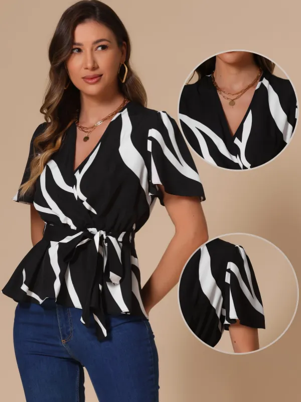 Printed V Neck Elastic Waist Belt Ruffle Peplum Blouse sold by Allegra K