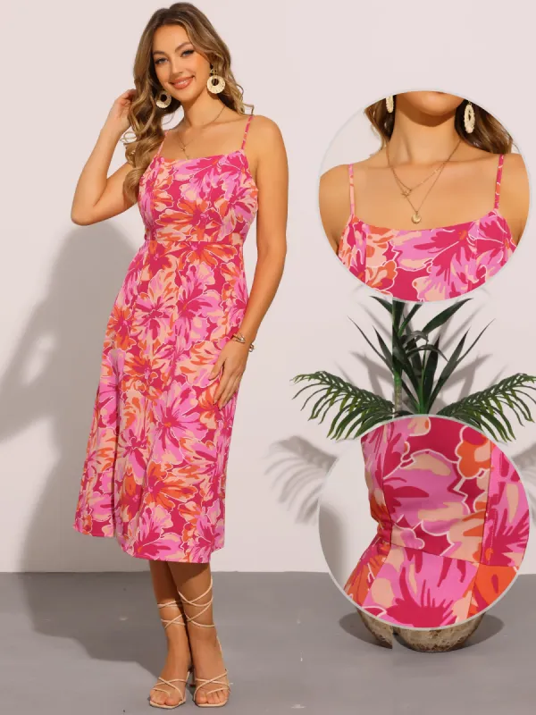 Floral Spaghetti Strap Smocked Midi Beach Sun Dress sold by Allegra K