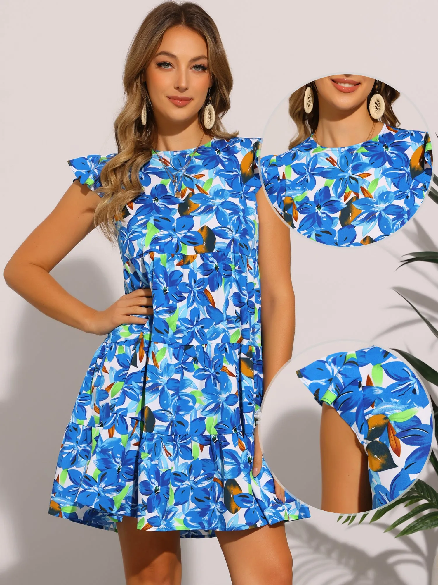 Cap Sleeve Crew Neck A-Line Flower Casual Dress sold by Allegra K