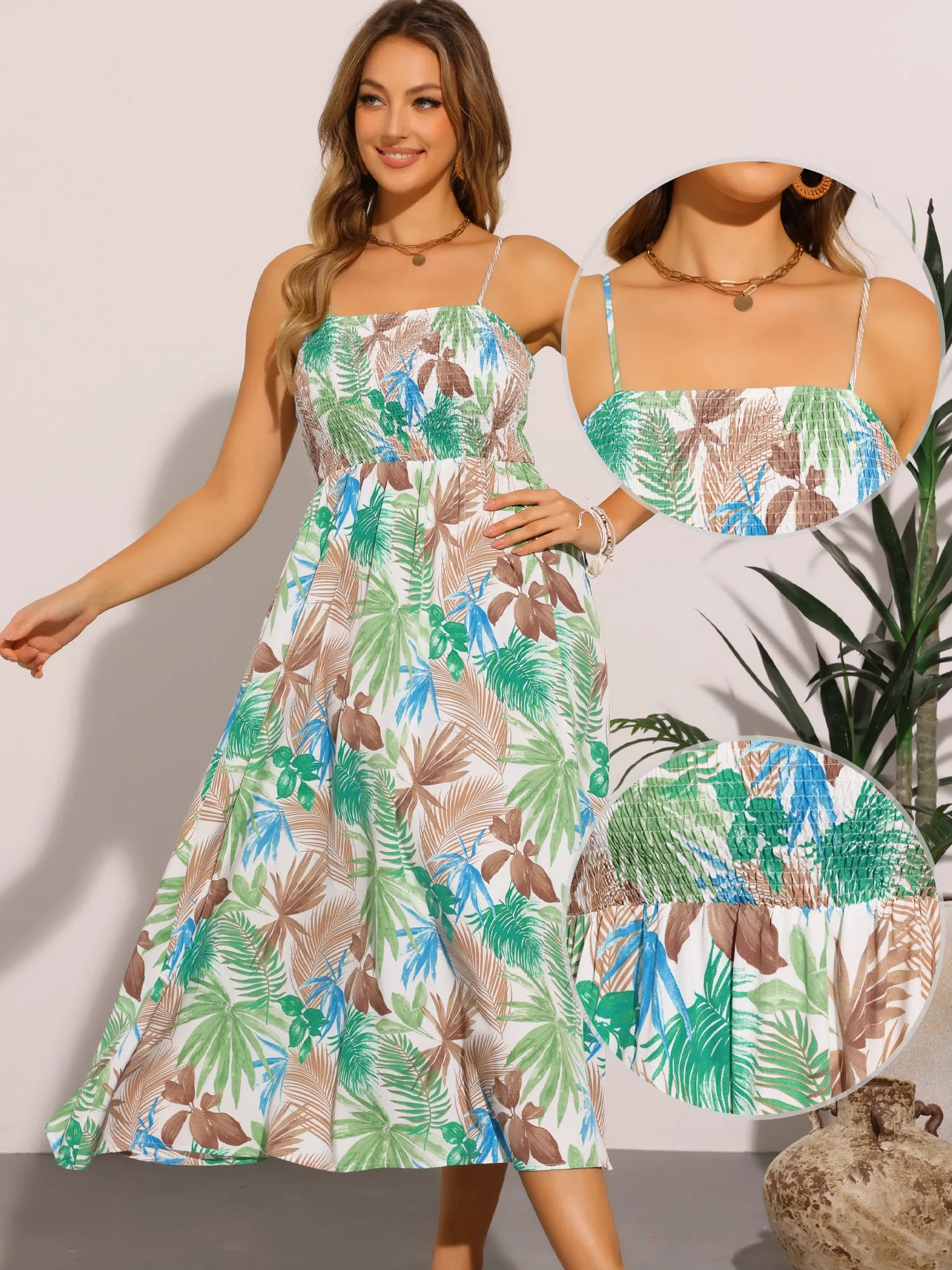 Spaghetti Strap Floral Smocked Midi Dress sold by Allegra K