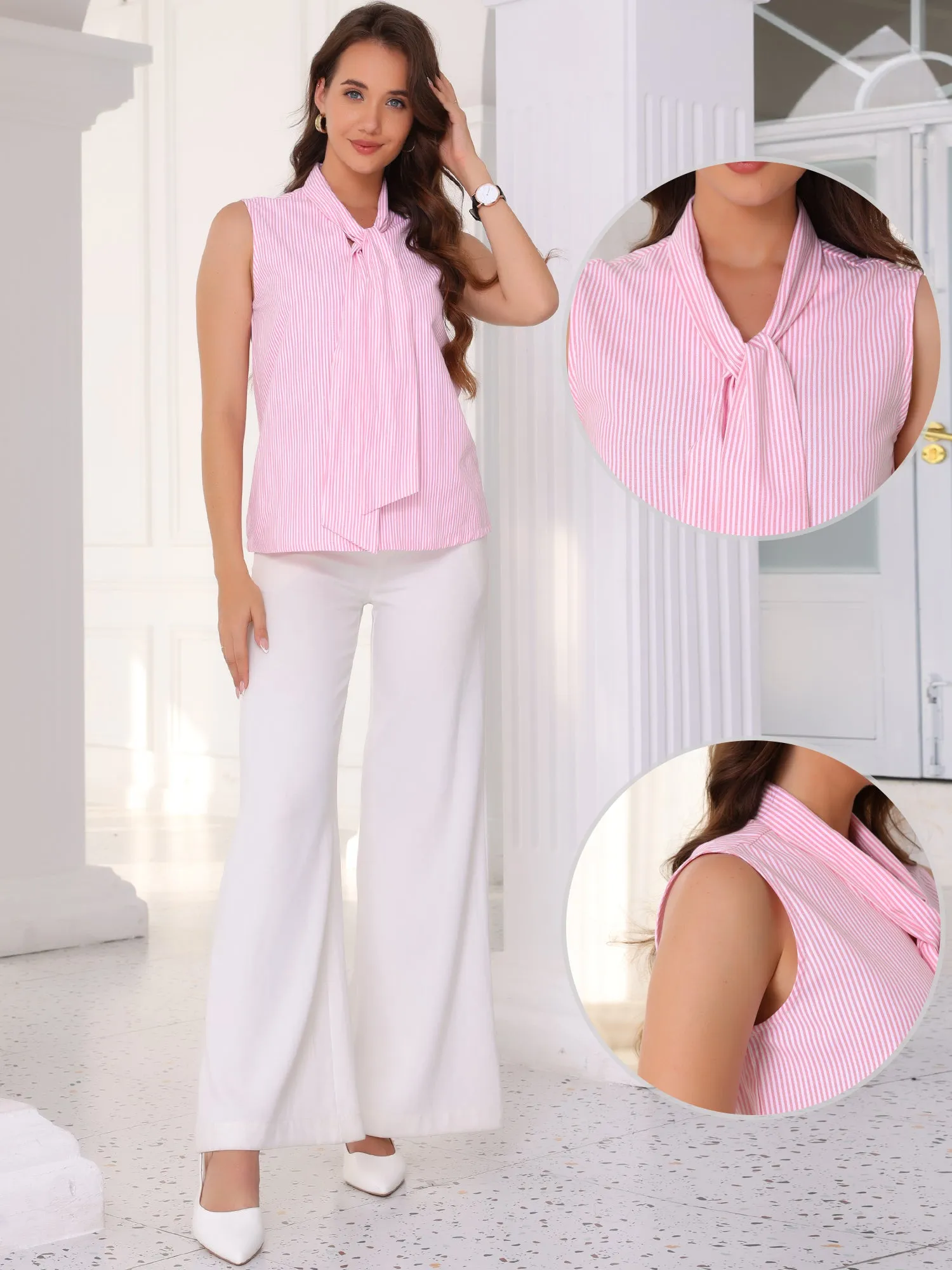 Sleeveless Striped Tie Neck Work Tops sold by Allegra K product image thumbnail 2