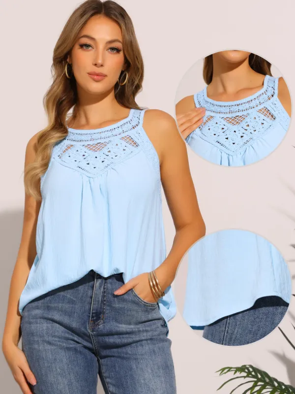 Lace Crochet Sleeveless Solid Color Blouse sold by Allegra K