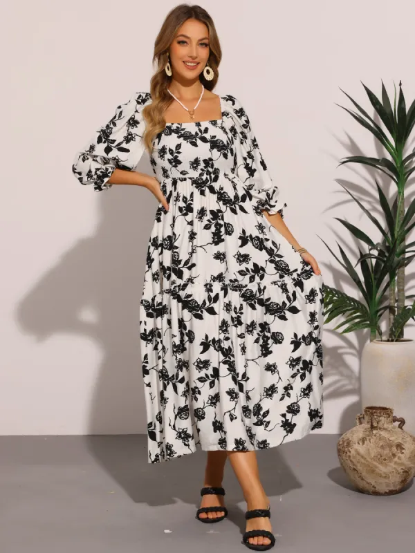 Floral Square Neck 3/4 Sleeve A-Line Smocked Midi Dress made by Allegra K