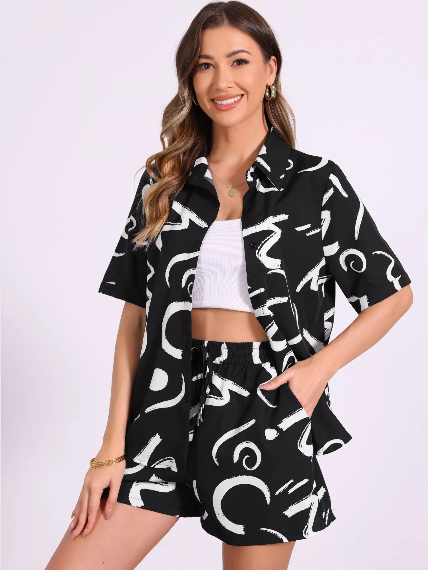 2 Pieces Graphic Button Down Shirt & Casual Shorts Beach Sets sold by Allegra K