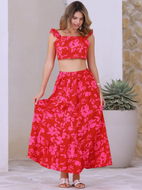 2 Pieces Floral Ruffled Cropped Top and Maxi Skirt Beachwear Set sold by Allegra K