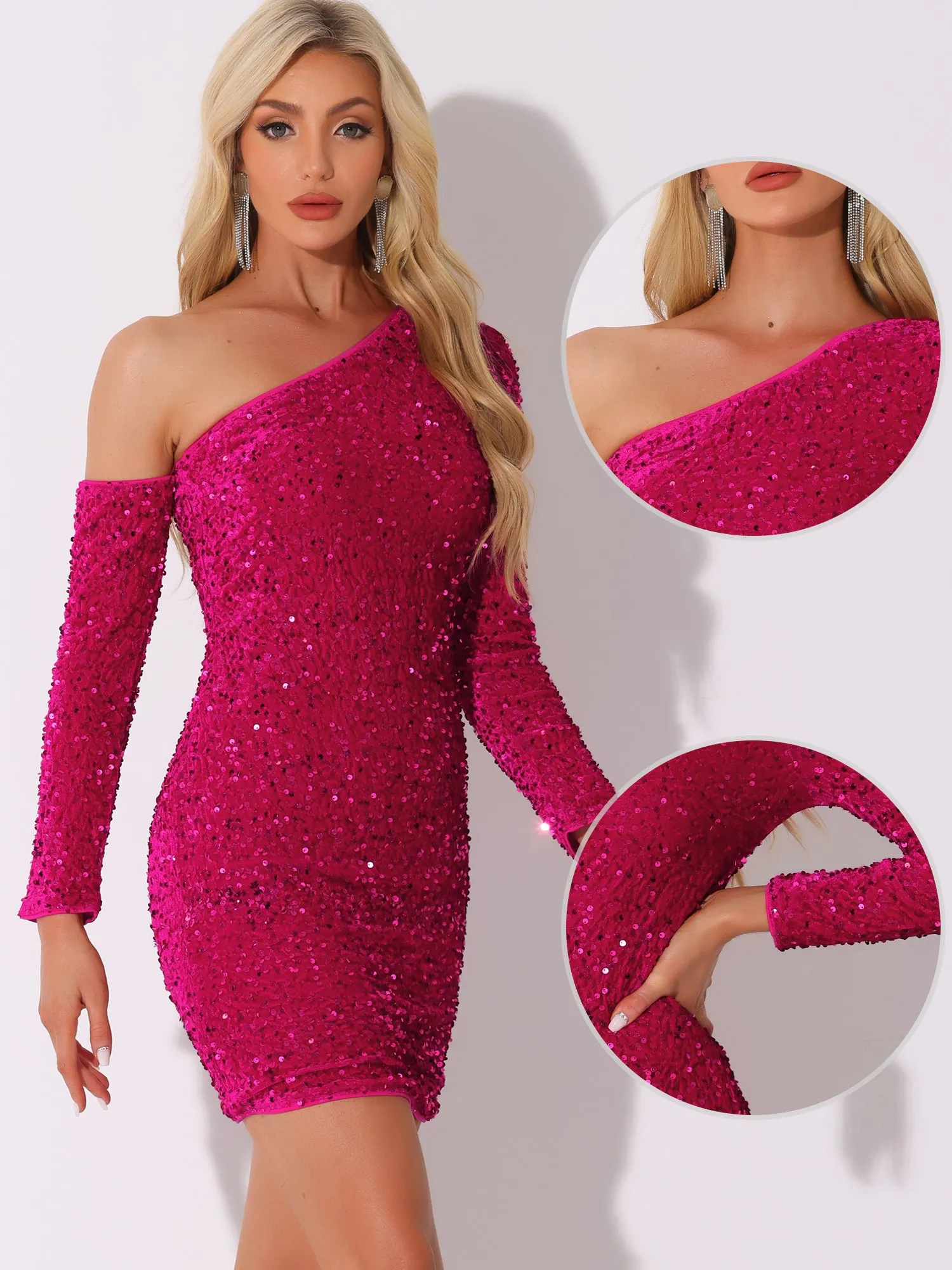 Sequin Velvet One Shoulder Party Mini Bodycon Dress sold by Allegra K