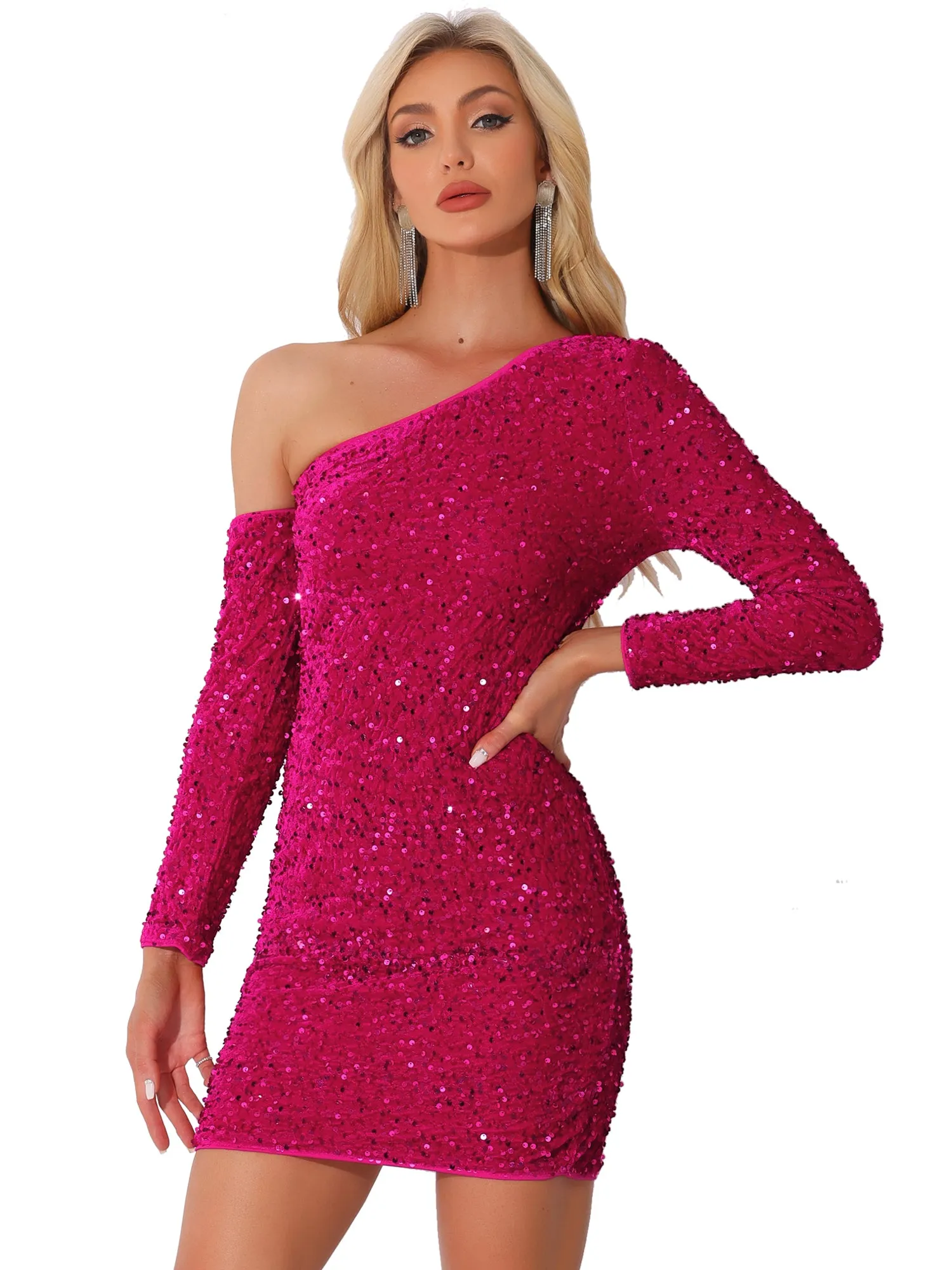 Sequin Velvet One Shoulder Party Mini Bodycon Dress sold by Allegra K product image thumbnail 4