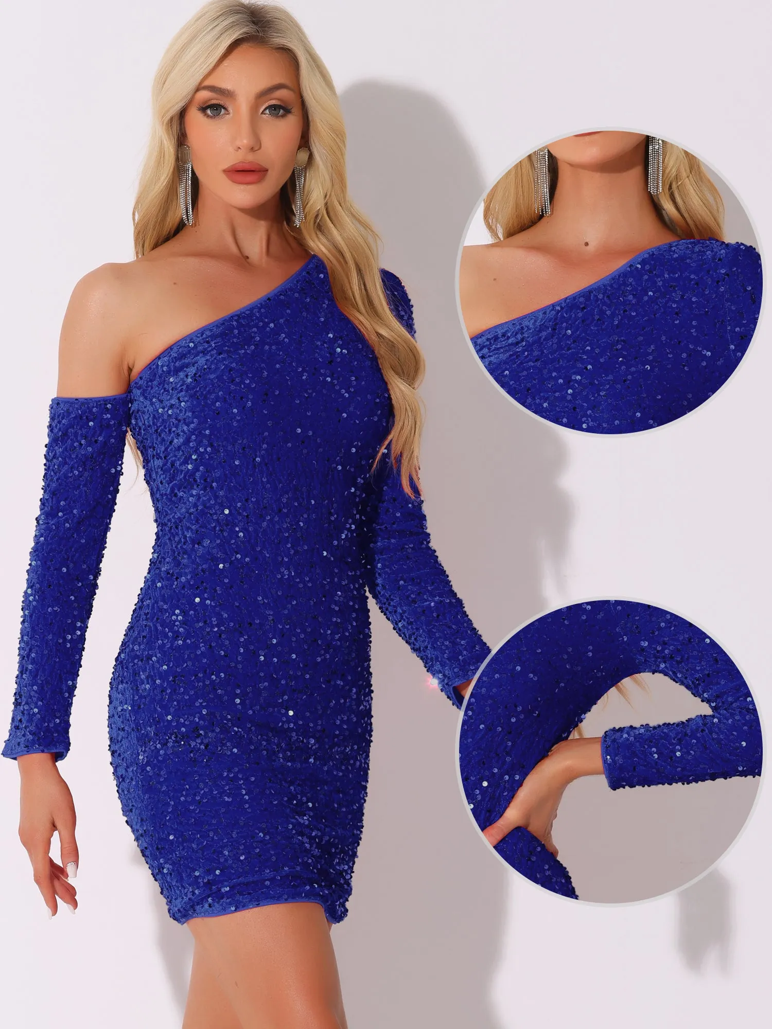 Sequin Velvet One Shoulder Party Mini Bodycon Dress sold by Allegra K product image thumbnail 5