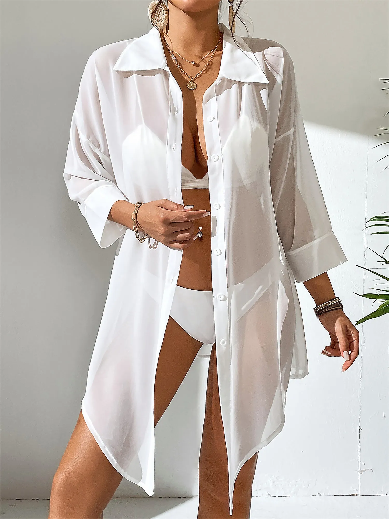 3/4 Sleeves Sheer Beach Bikini Cover Ups sold by Allegra K
