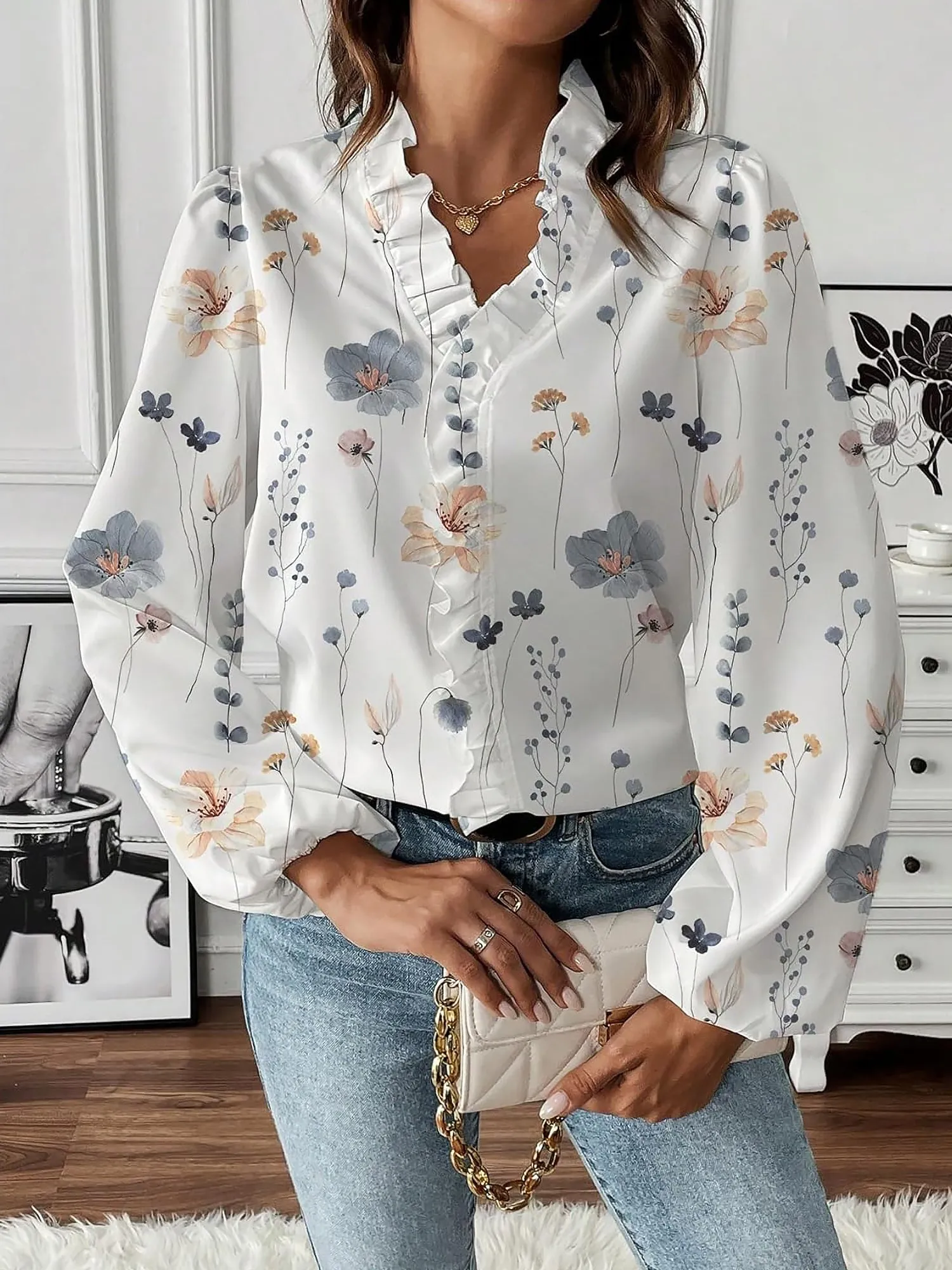 Breathable Chiffon Floral Ruffled V Neck Long Sleeves Work & Brunch Blouse sold by Allegra K product image thumbnail 5