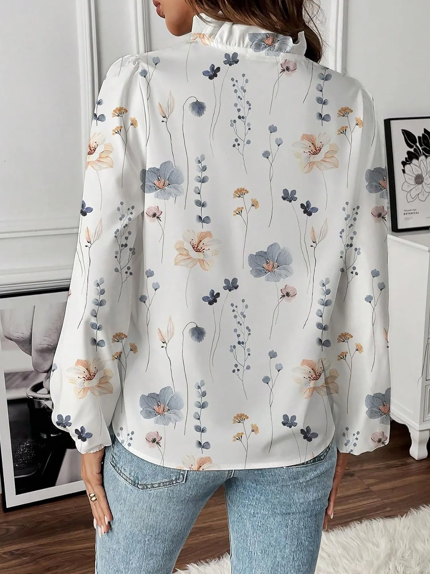 Breathable Chiffon Floral Ruffled V Neck Long Sleeves Work & Brunch Blouse sold by Allegra K product image thumbnail 2