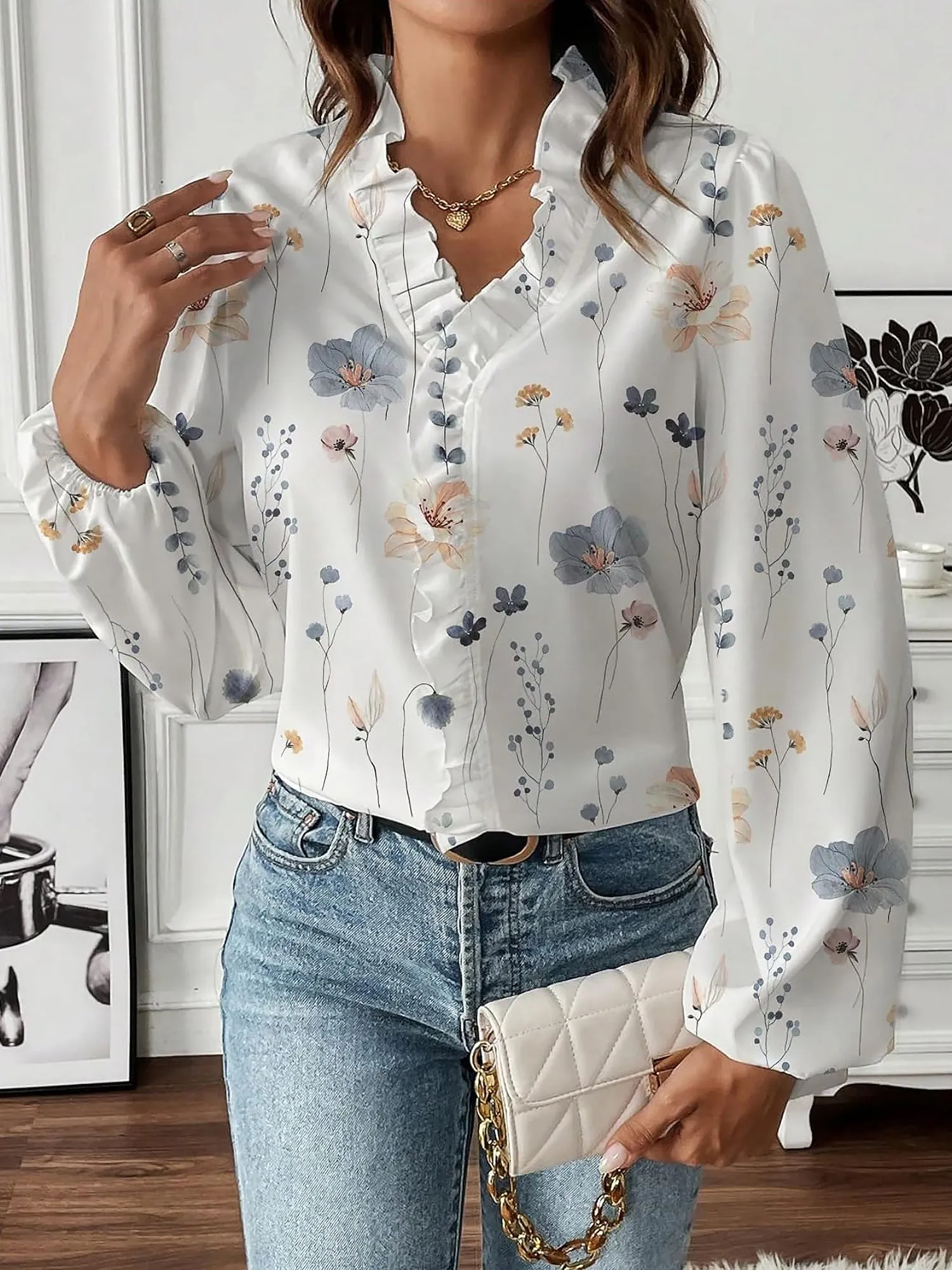 Breathable Chiffon Floral Ruffled V Neck Long Sleeves Work & Brunch Blouse sold by Allegra K product image thumbnail 3