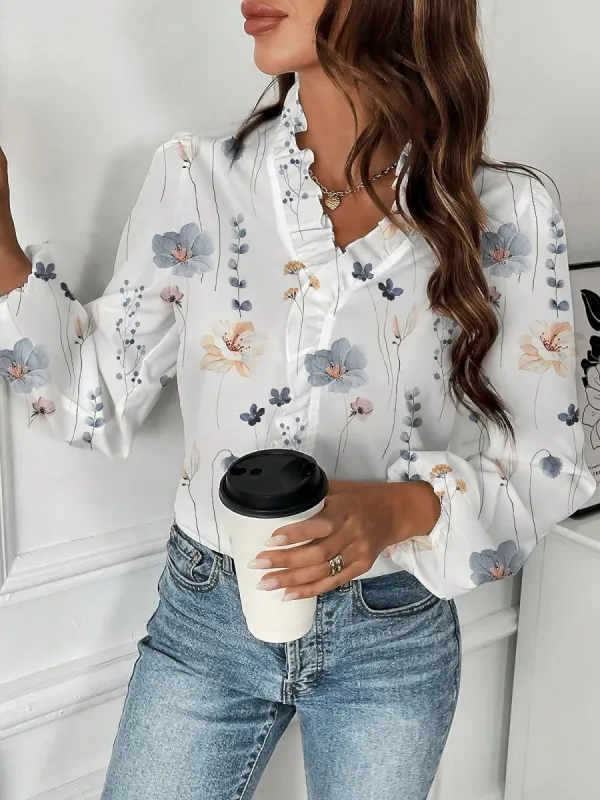 Breathable Chiffon Floral Ruffled V Neck Long Sleeves Work & Brunch Blouse sold by Allegra K