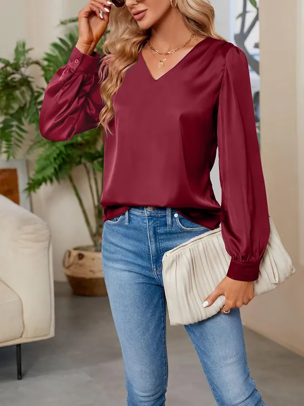 Satin Puff Long Sleeve V Neck Casual Blouse sold by Allegra K