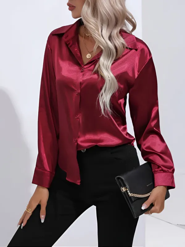 Versatile Collared Satin Solid Color Button Front Lapel Adjustable Cuffs Shirt sold by Allegra K