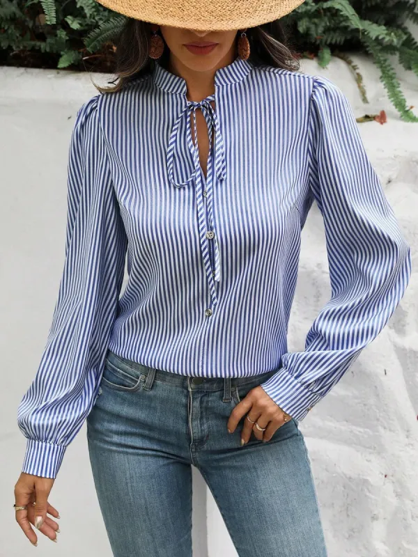 Striped Lace-Up Puff Long Sleeves Casual Blouse sold by Allegra K