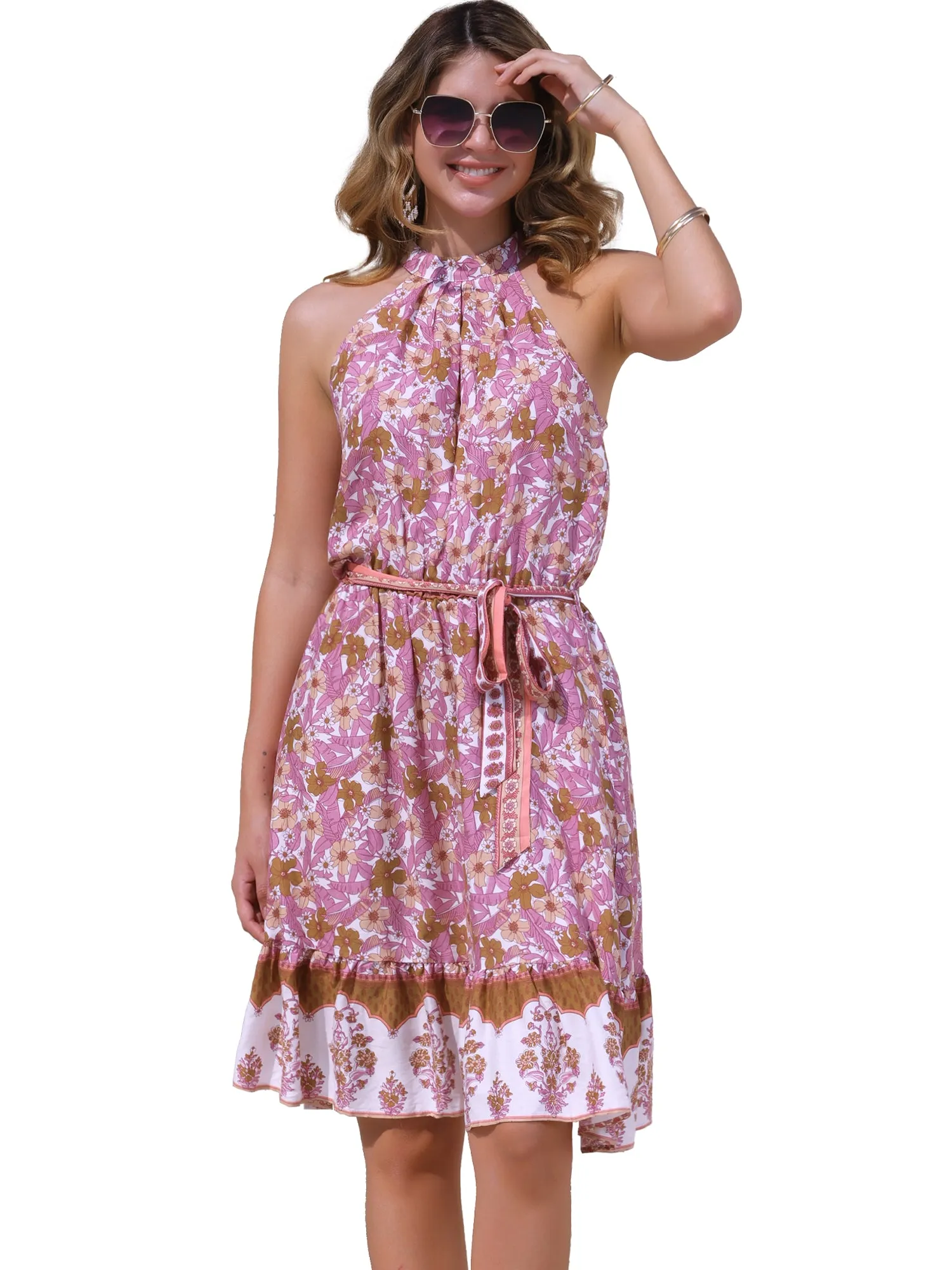 Floral Boho Beach Belted Halter Neck Sleeveless Dress Sundress sold by Allegra K product image thumbnail 5