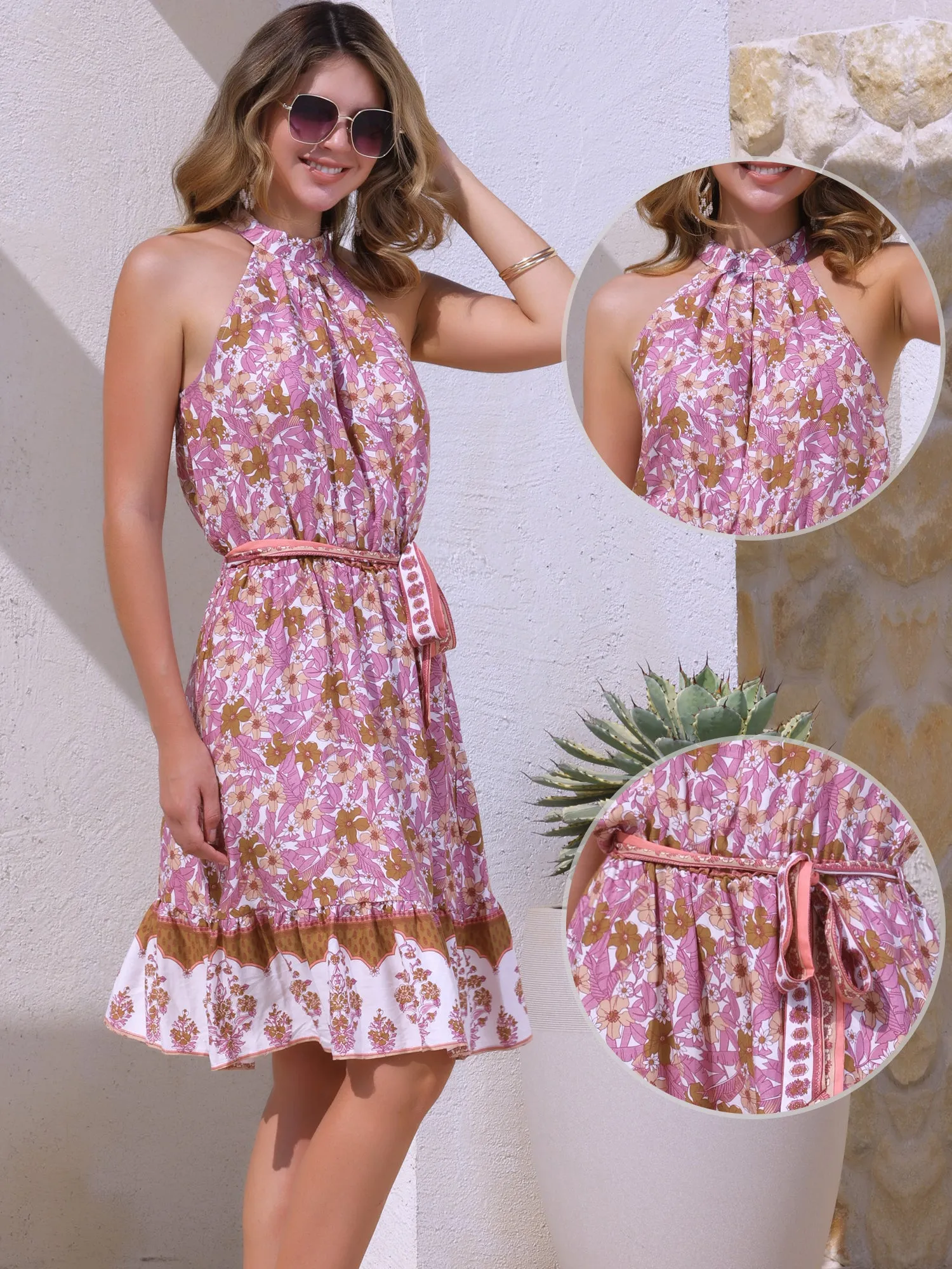 Floral Boho Beach Belted Halter Neck Sleeveless Dress Sundress sold by Allegra K product image thumbnail 2